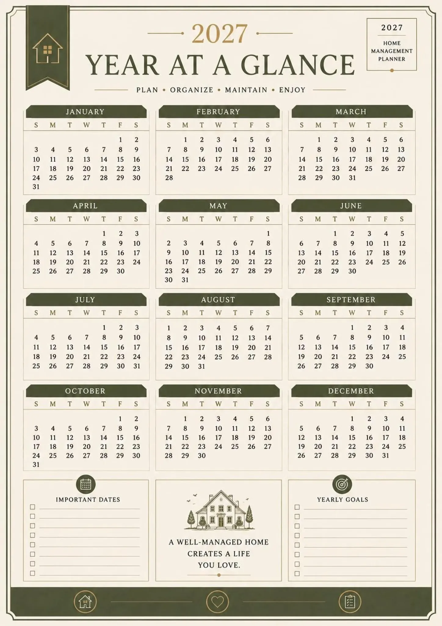 2027 Year at a Glance printable