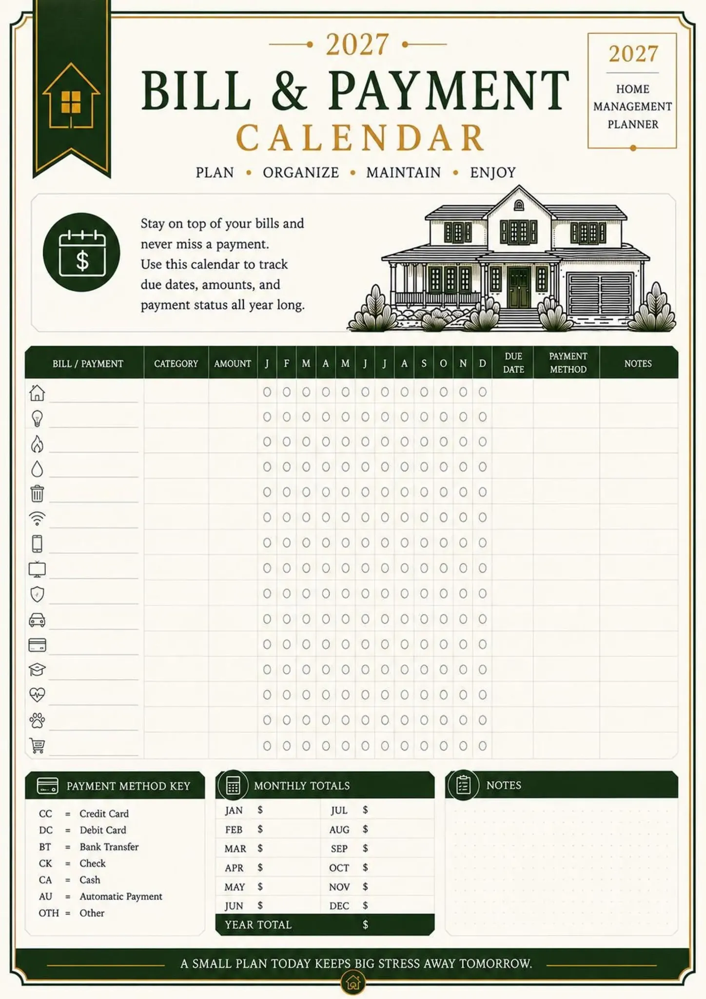 Bill and Payment Calendar printable
